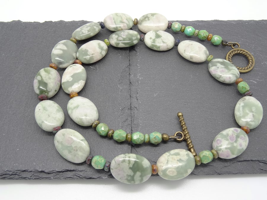 Jade and Czech Glass Necklace,Green Necklace,Ladies Necklace,