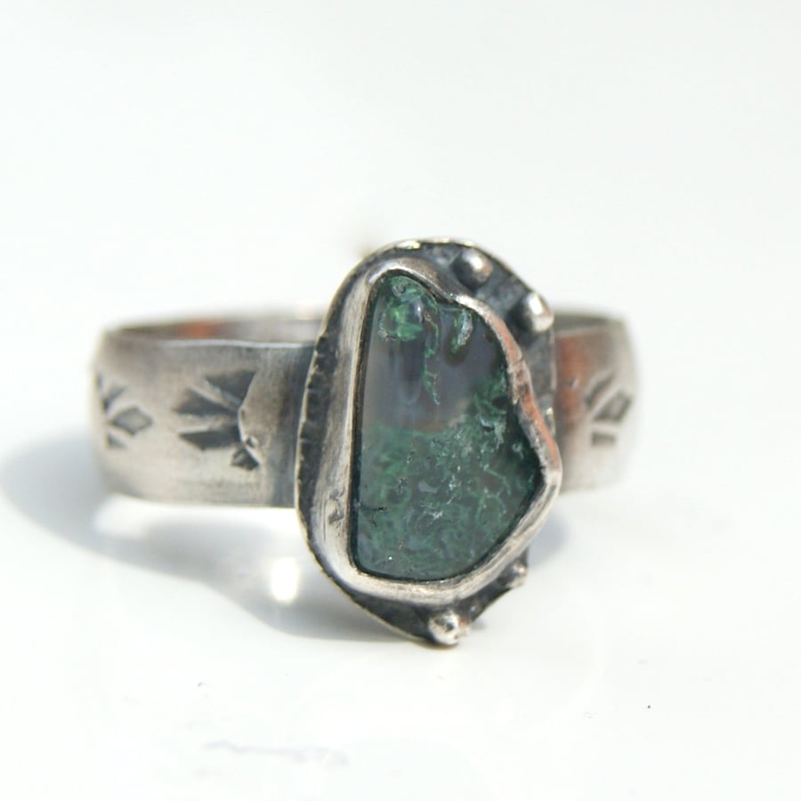 Green Moss Agate Ring, Sterling Silver Ring Size 7.5 Rustic Jewellery, Boho Ring