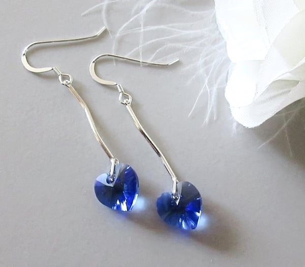 Solid Sterling Silver Bar Earrings With Sapphire Blue Premium Crystal Hearts