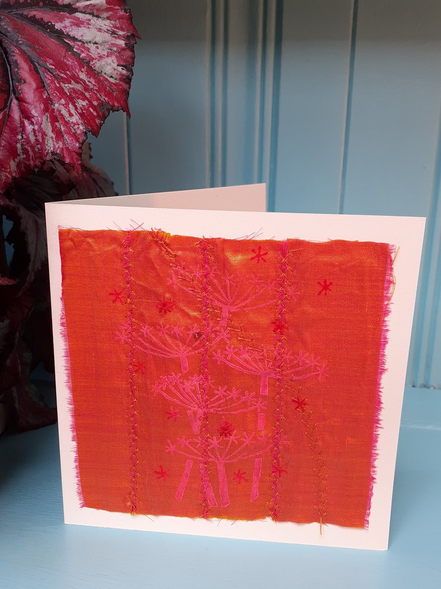 Stitched and printed sari silk ribbon card