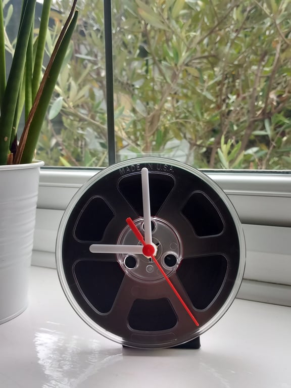 Upcycled desk clock made from 80s tape reel, Vintage geek chic room decor