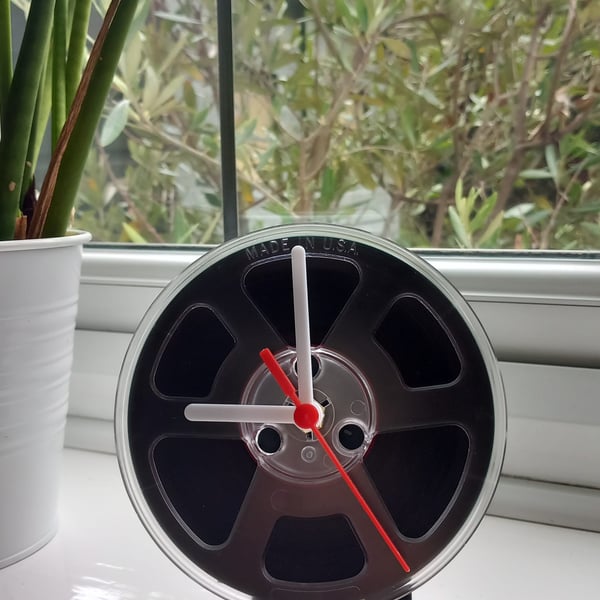 Upcycled desk clock made from 80s tape reel, Vintage geek chic room decor