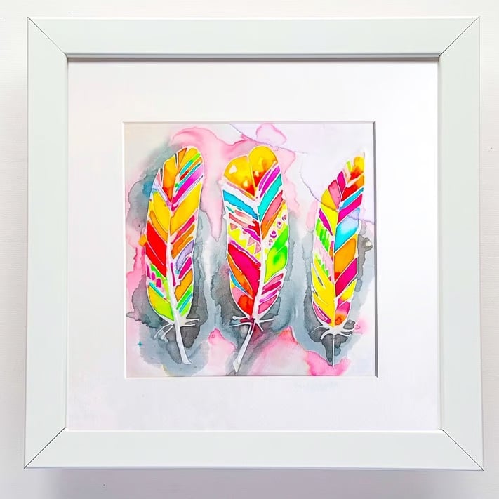 Bright Coloured FEATHERS an original Silk PAINTING