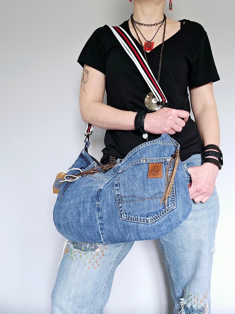 Jeans crossbody bag, denim messenger bag,  handmade jeans bag, slouchy handbag 