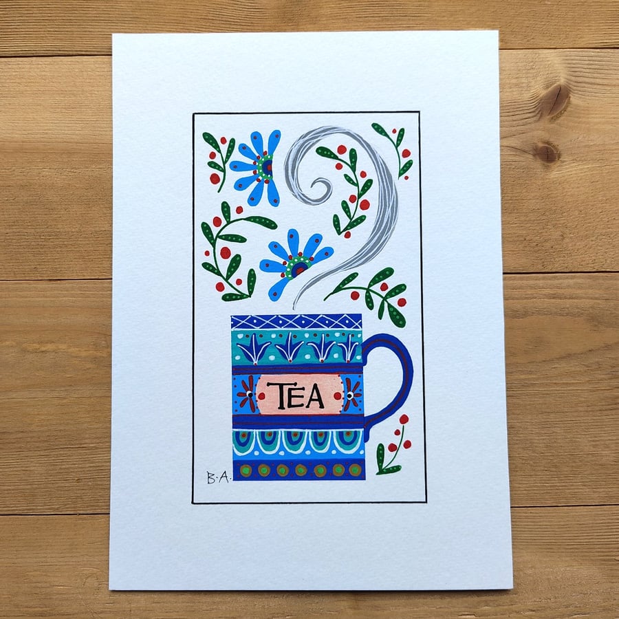 Blue tea mug folk art painting in acrylic, A5 original unique tea lovers gift 