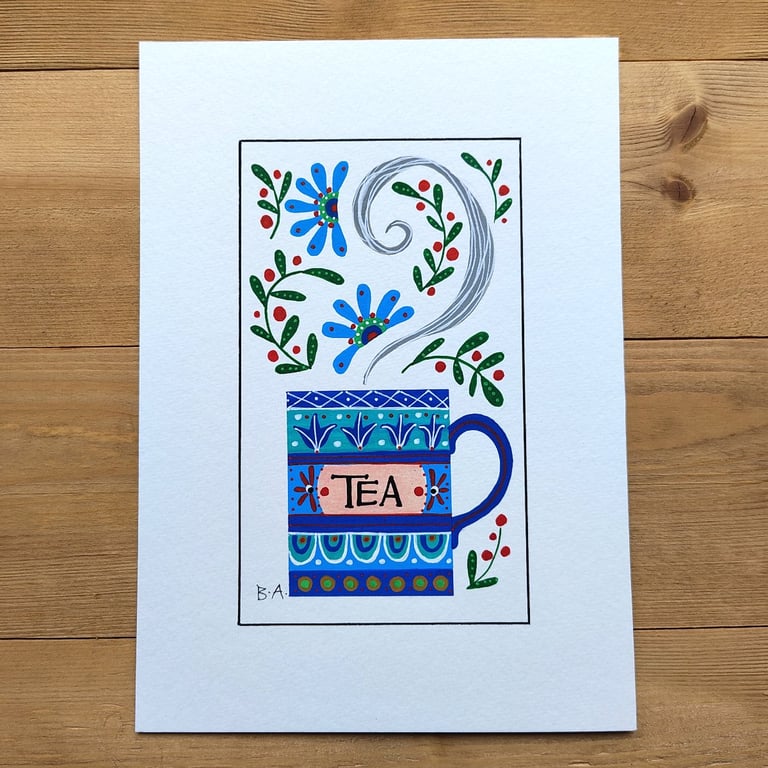 Blue tea mug folk art painting in acrylic, A5 original unique tea lovers gift 