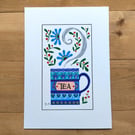 Blue tea mug folk art painting in acrylic, A5 original unique tea lovers gift 
