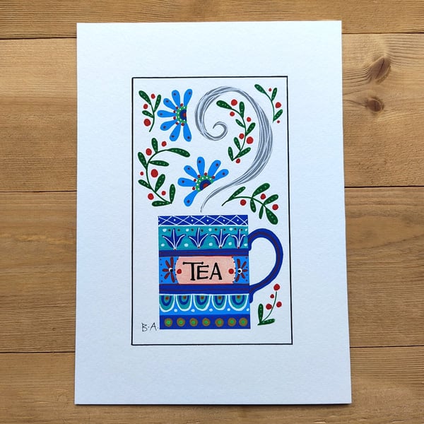 Blue tea mug folk art painting in acrylic, A5 original unique tea lovers gift 