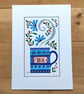 Blue tea mug folk art painting in acrylic, A5 original unique tea lovers gift 