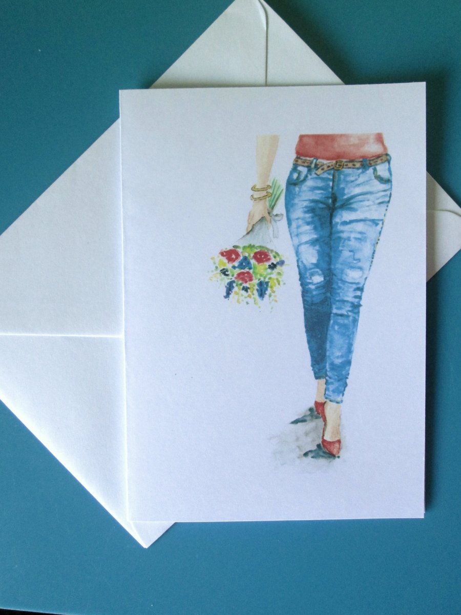 Blank card Flower Bouquet. Girl with flowers 