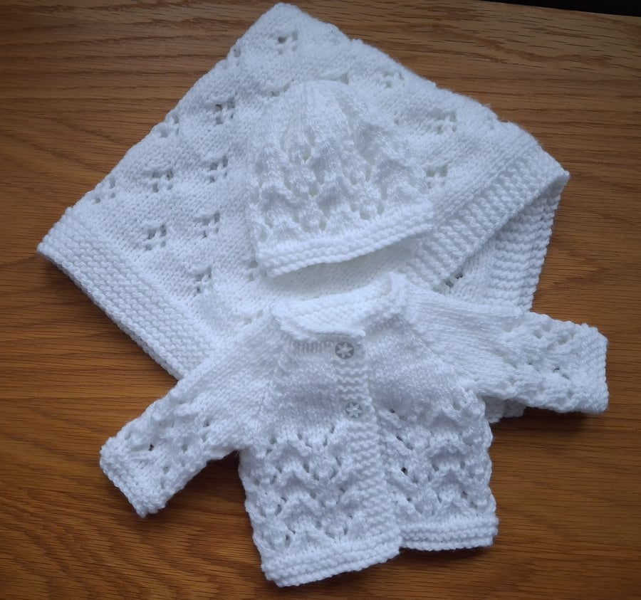Doll Set Blanket Hat And Jacket Hand Knitted White Yarn (A170)