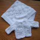 Doll Set Blanket Hat And Jacket Hand Knitted White Yarn (A170)