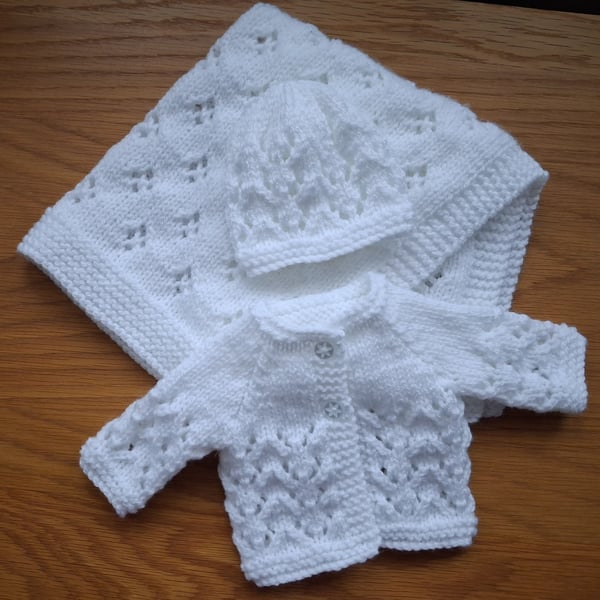 Doll Set Blanket Hat And Jacket Hand Knitted White Yarn (A170)