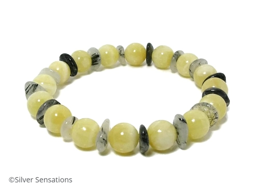 Golden Yellow Honey Quartz & Grey Black Rutilated Quartz Beaded Unisex Bracelet