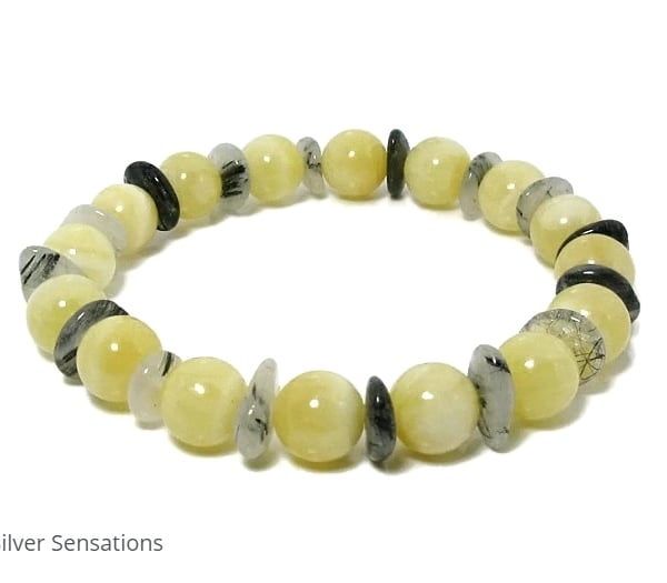 Golden Yellow Honey Quartz & Grey Black Rutilated Quartz Unisex Bracelet