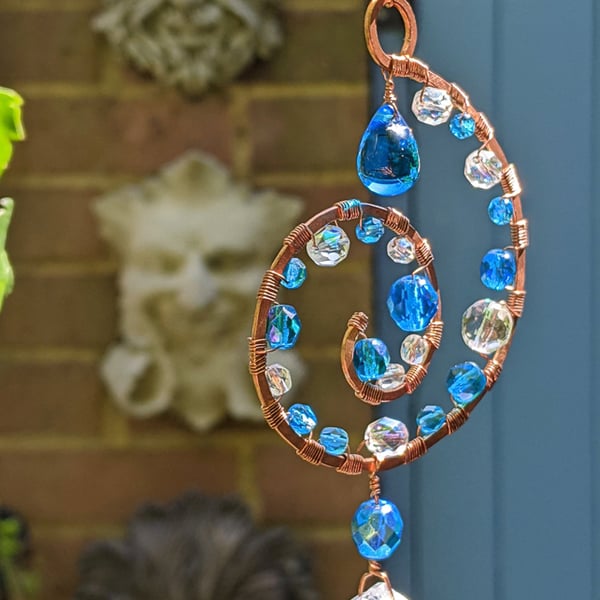 Pretty Spiral suncatcher Blue and copper with sparkly prism