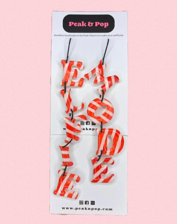 Elfie Mode Dangle Earrings – Red & White Candy Stripe Christmas Letters