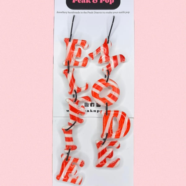 Elfie Mode Dangle Earrings – Red & White Candy Stripe Christmas Letters