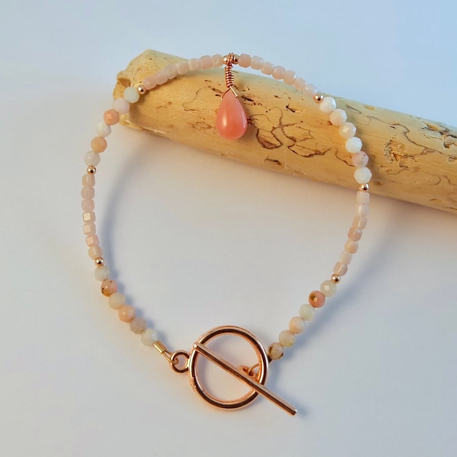 Pink Opal Beaded Bracelet With Teardrop, October Birthday, Libra, Gift For Her 