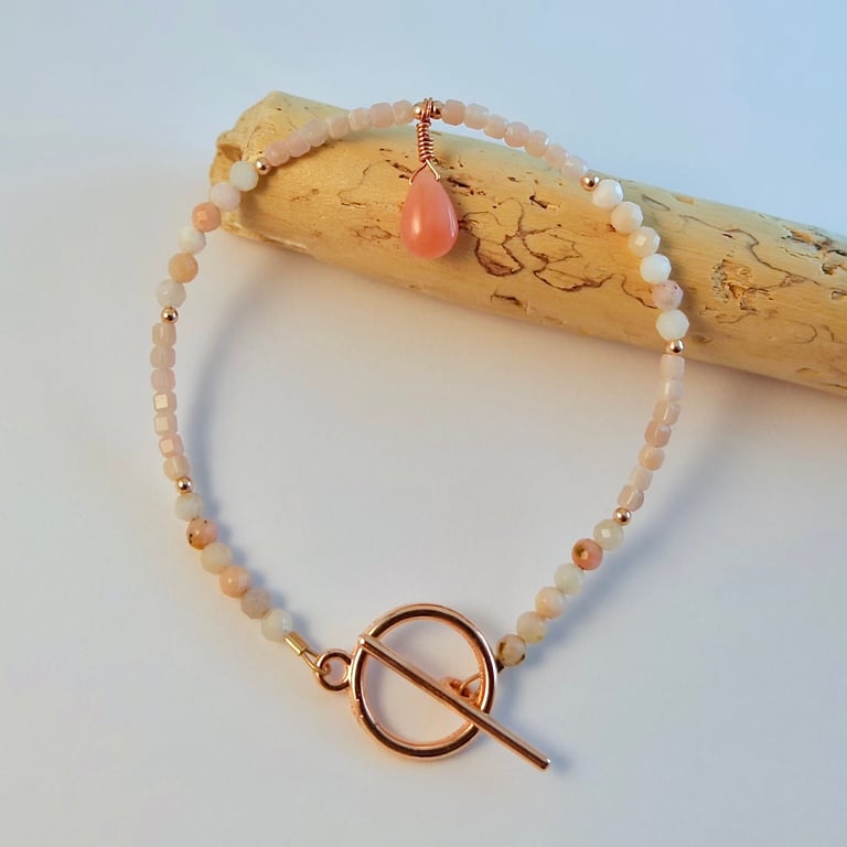 Pink Opal Beaded Bracelet With Teardrop, October Birthday, Libra, Gift For Her 