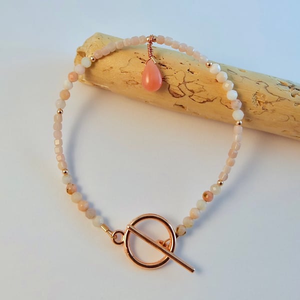 Pink Opal Beaded Bracelet With Teardrop, October Birthday, Libra, Gift For Her 