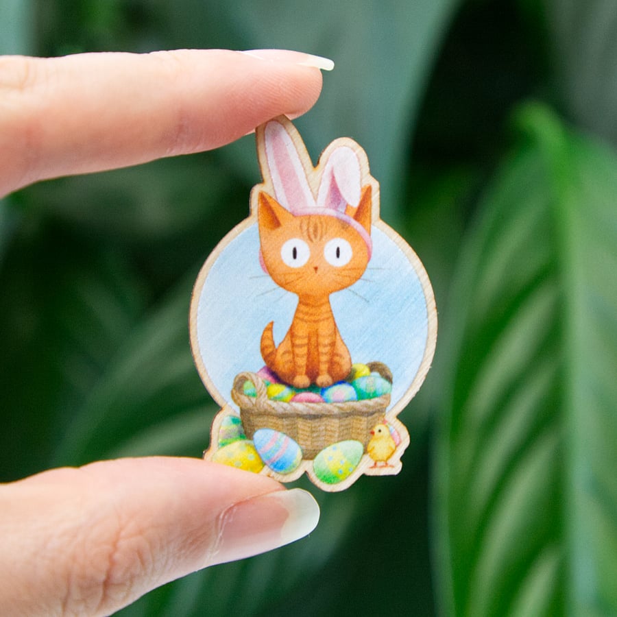 Easter Bunny Cat Wooden Pin Badge