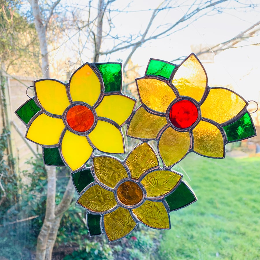 Stained Glass Flower Posy Suncatcher - Handmade Decoration - Yellow and Amber 