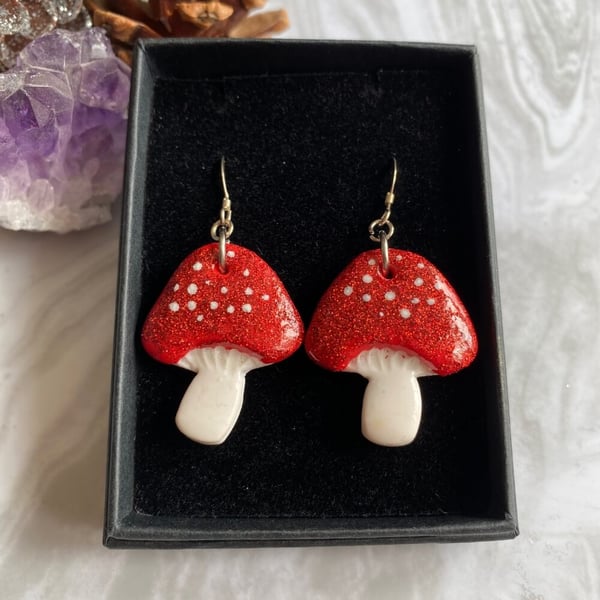 Toadstool polymer clay earrings on sterling silver.