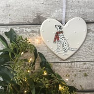 Male Dalmatian wearing a scarf, Hand Painted Christmas Ceramic Heart