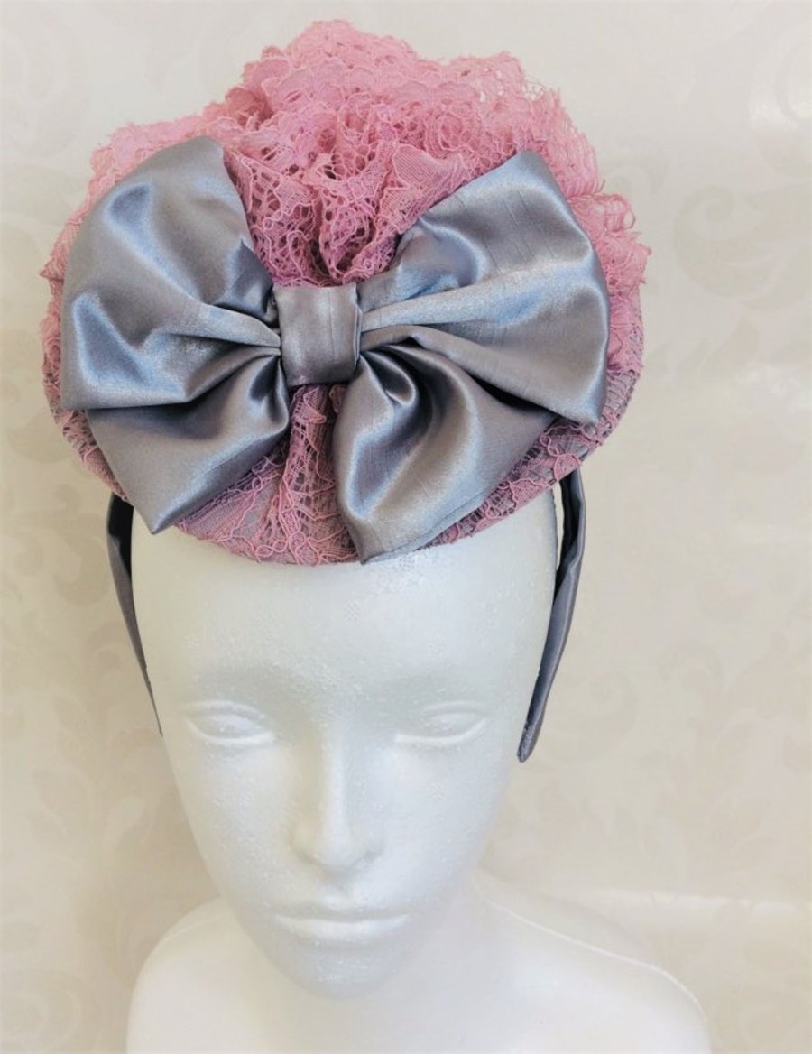 Fascinator headband, large bows dusty pink large flower dice Hat Headband Races