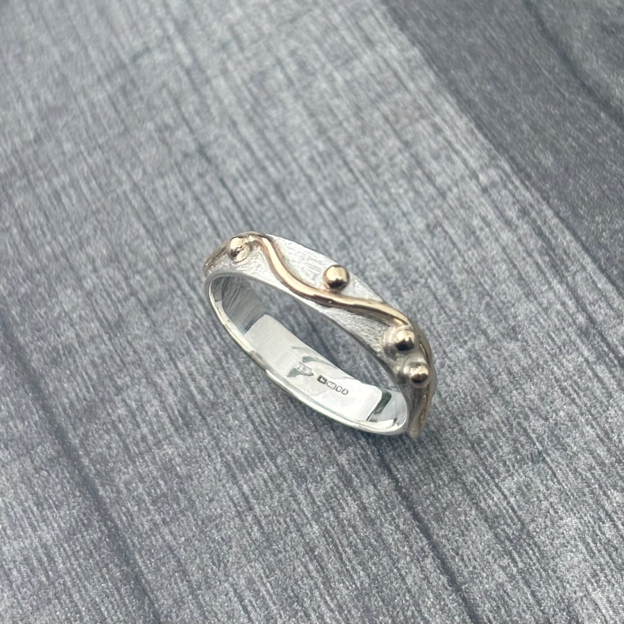 Gold Wave and Bubbles Ring, gold wave ring, gift for her, silver and gold ring, 