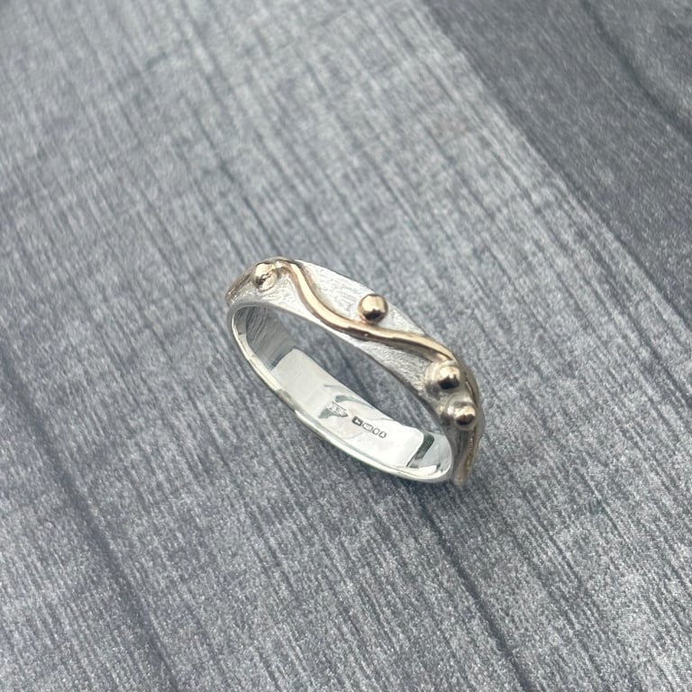 Gold Wave and Bubbles Ring, gold wave ring, gift for her, silver and gold ring, 