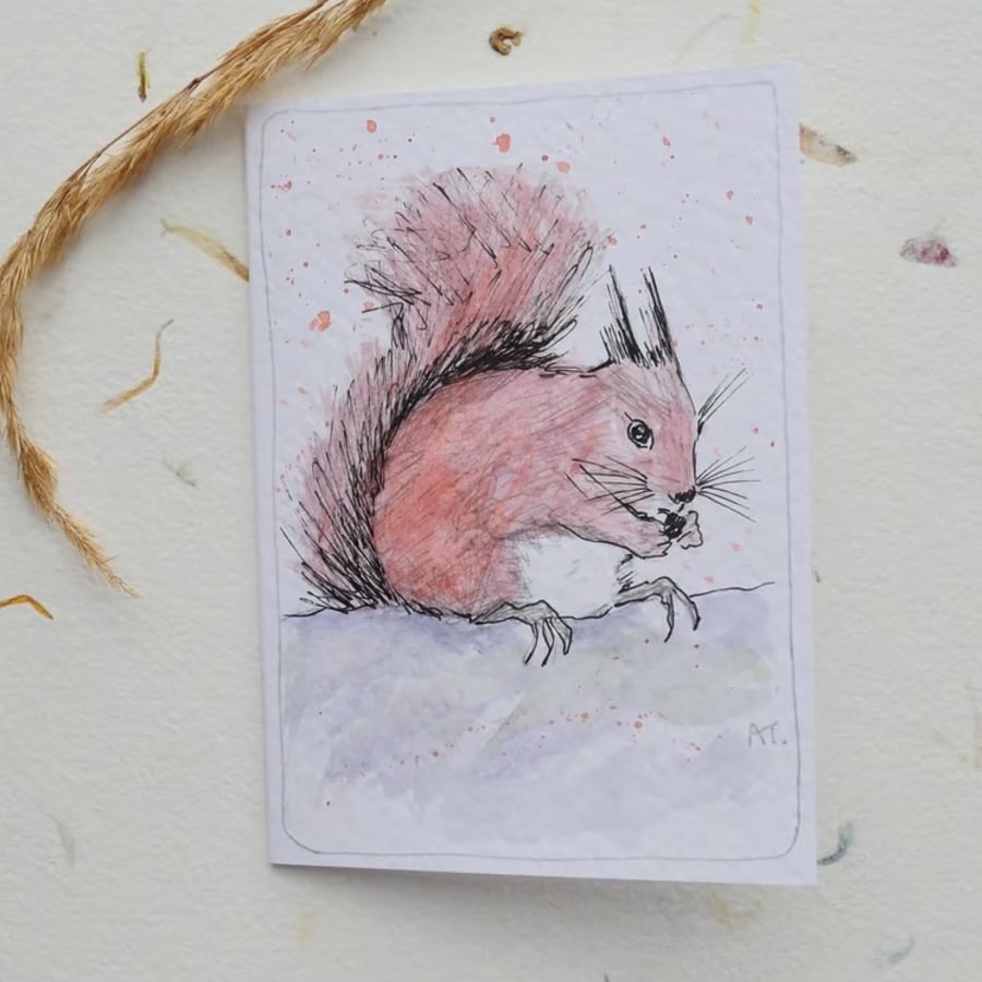 Hand Painted Red Squirrel Greetings Card - Blank Card with Envelope