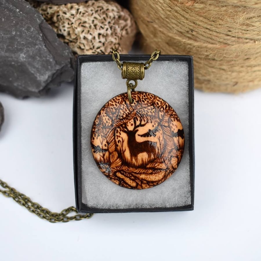 Stag and woodland friends. Pyrography wood pendant deer and owl silhouette 