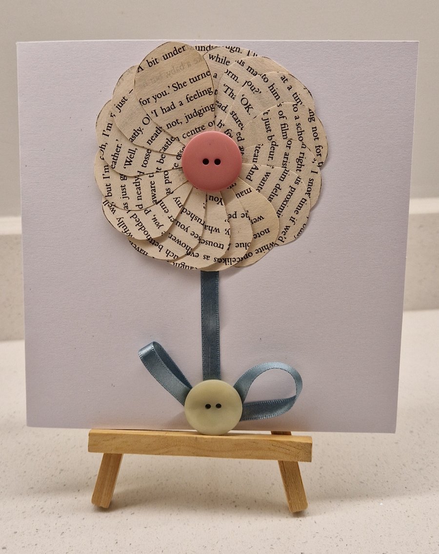 Book pages petals flower blank card mint green ribbon stem coordinating buttons