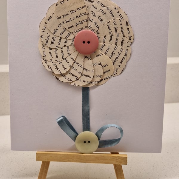 Book pages petals flower blank card mint green ribbon stem coordinating buttons
