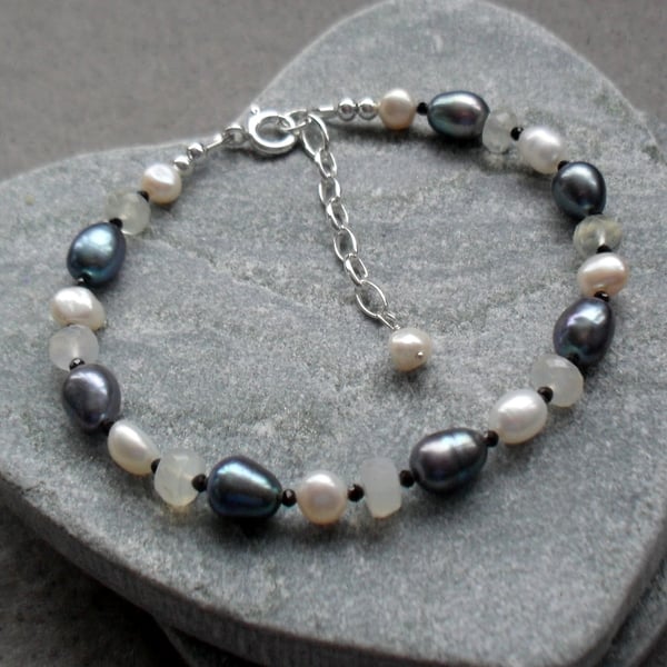 Freshwater Pearl  Spinel and Moonstone Sterling Silver Bracelet