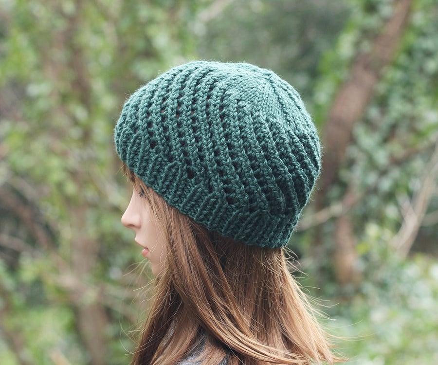 HAT knitted dark green wool, winter hat, women's lace mesh beanie, gift for her,