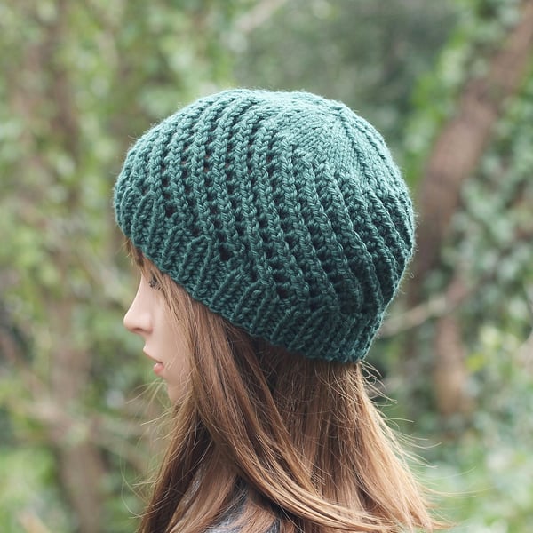 HAT knitted dark green wool, winter hat, women's lace mesh beanie, gift for her,