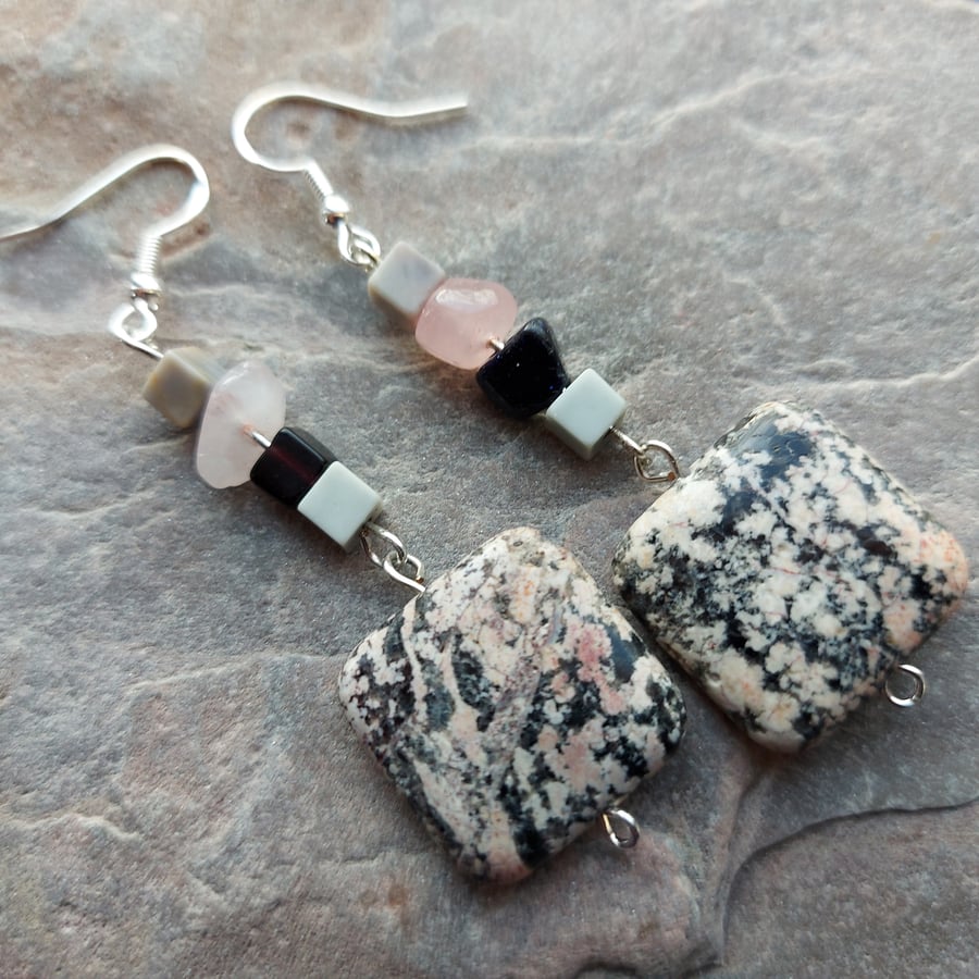 Sterling silver and gemstone drop earrings with square beads of Picasso Jasper