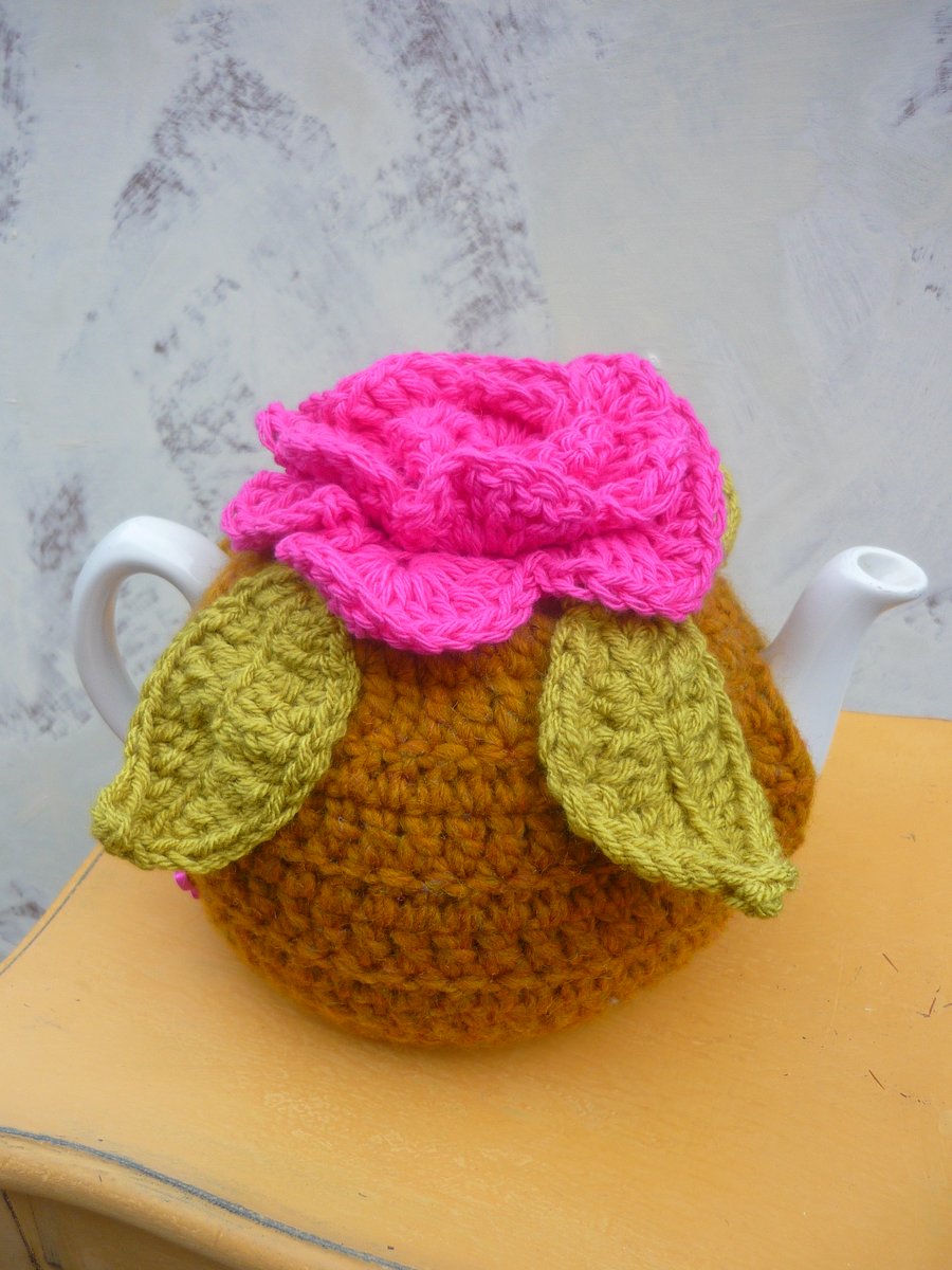 Tea Pot and Crochet Blooming Flower Tea Cosy Granny Chic Mustard Hot Pink & Lime