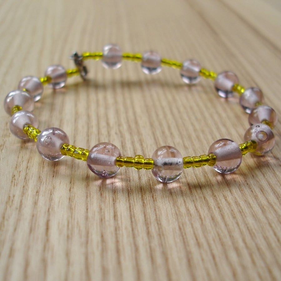 Yellow and Pale Pink Indian Glass and Seed Bead Bangle