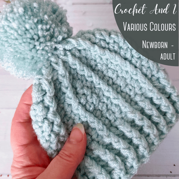  Chunky Crochet Pom Pom Hat, Sizes Baby Up To Adult