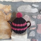 Small Tea Cosy for 2 Cup Tea Pot, Black & Pink, Hand Knitted, Wool Mix Yarn