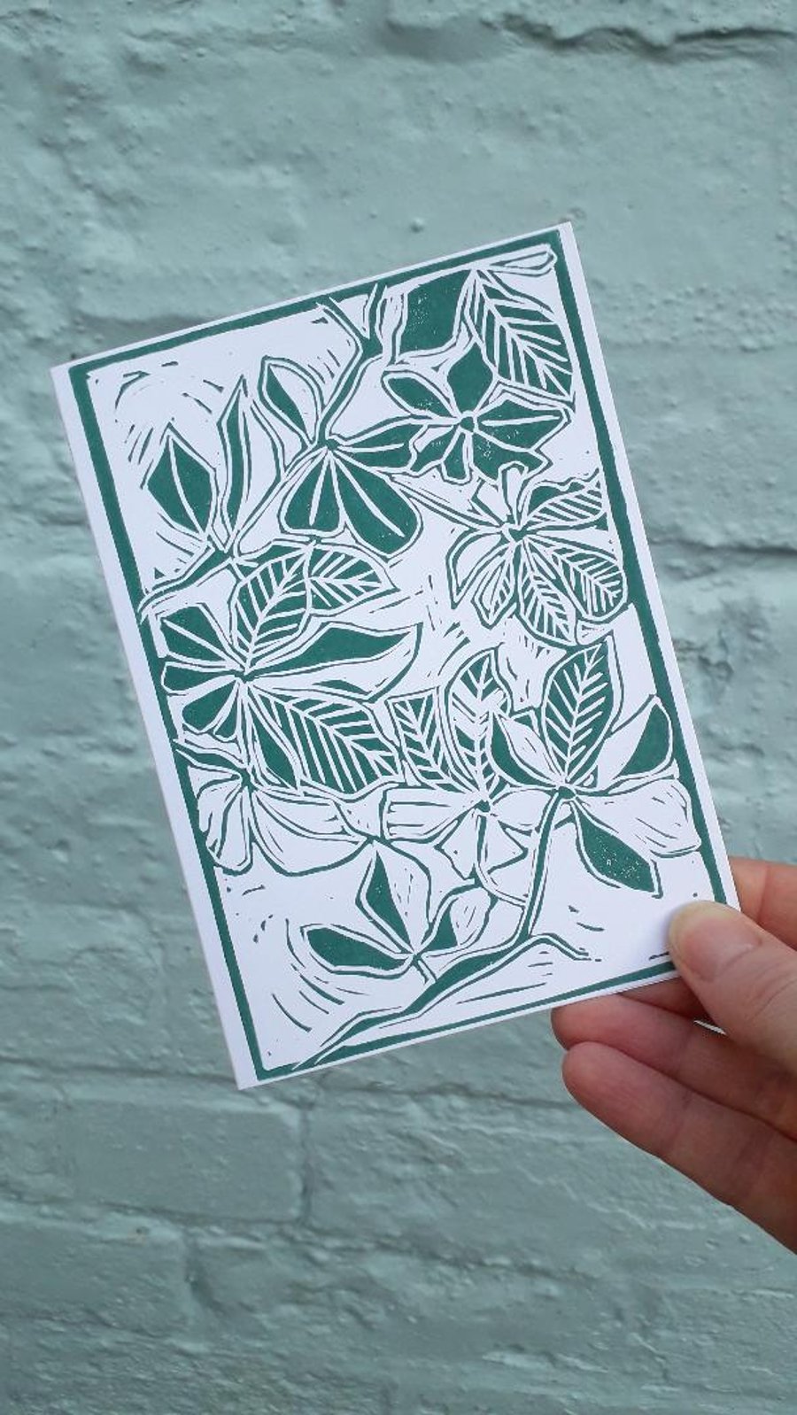 'Underneath the Trees' Greetings Card, Green Lino Print