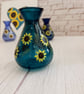 Small Blue Glass Vase Hand Painted With Sunflowers  - Image 3