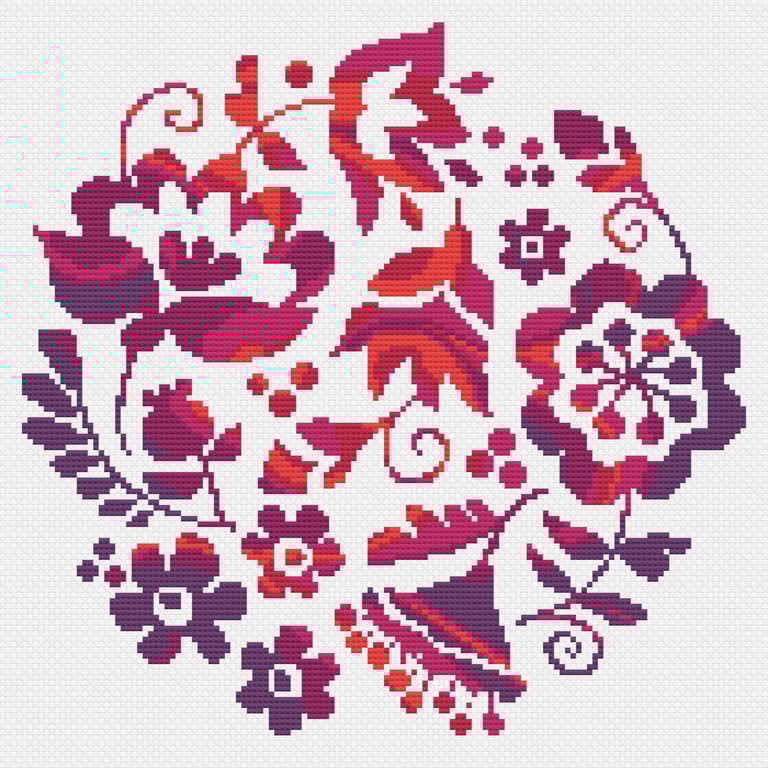 224B - Cross stitch Pattern Ukrainian Folk Art Flowers PINK (PDF Counted Chart)