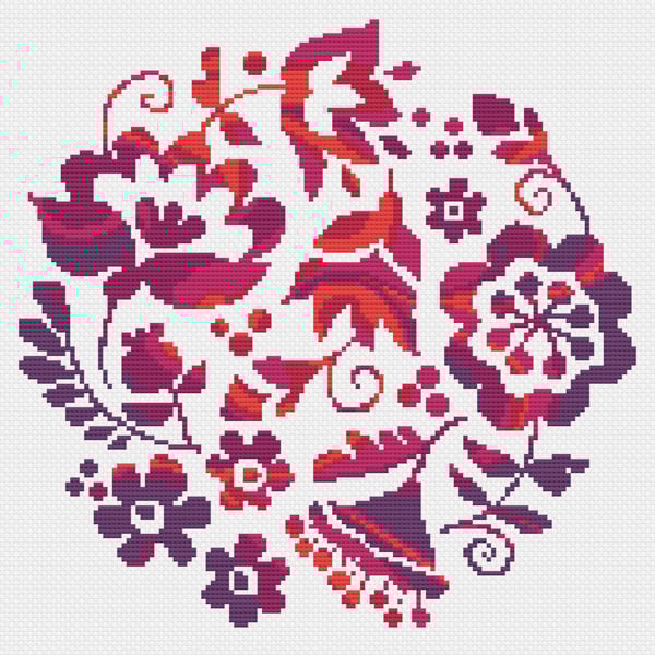 224B - Cross stitch Pattern Ukrainian Folk Art Flowers PINK (PDF Counted Chart)
