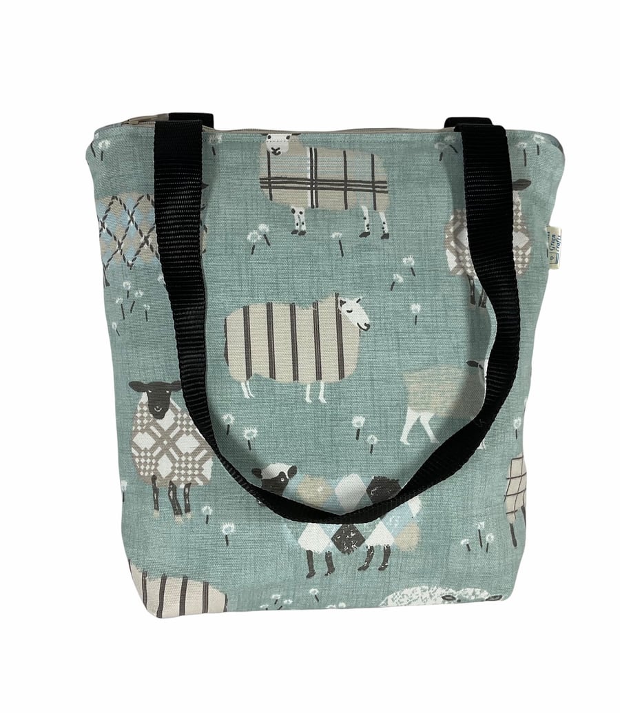 small sheep knitting tote bag with zip, blue mini lined tote, small canvas shopp