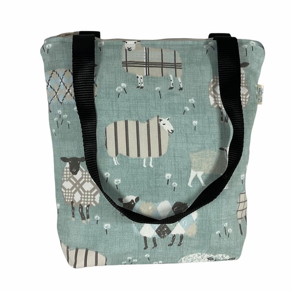 small sheep knitting tote bag with zip, blue mini lined tote, small canvas shopp